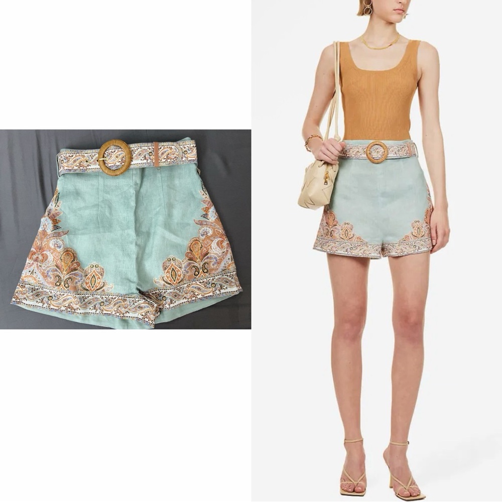 NWT AU0P Zimmermann Devi Paisley-Print Linen Shorts